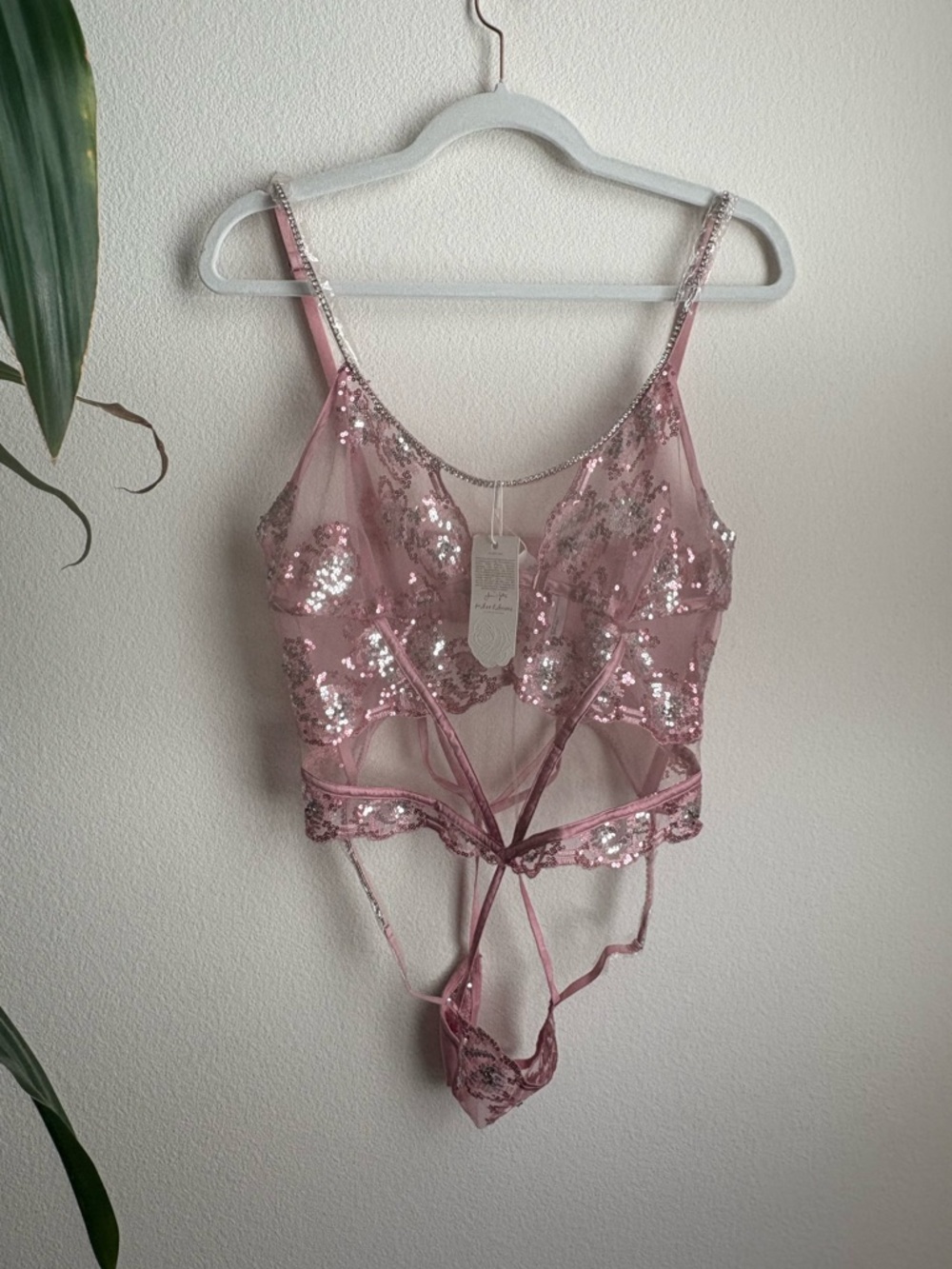 NWT For Love & Lemons Kristi Teddy Pink Sequin Lace Bodysuit with Rhinestone.